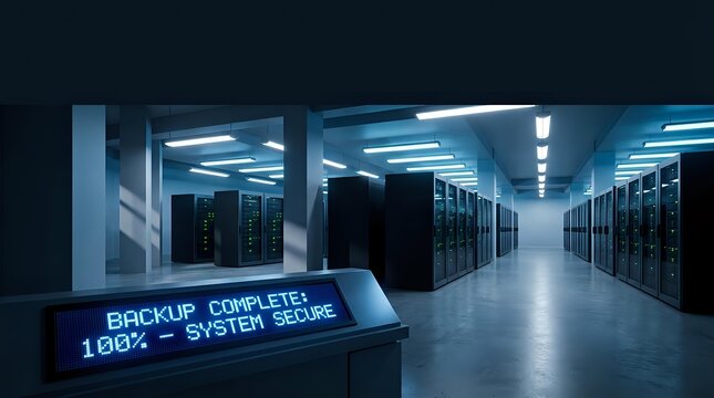 Modern data center server room with blue LED lighting and backup complete system secure message display for technology infrastructure and cloud computing.