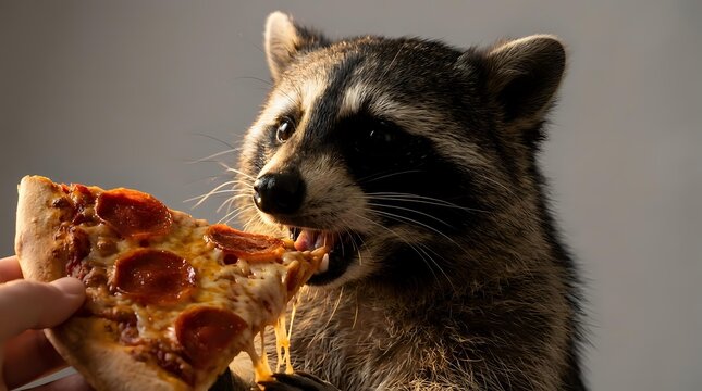 Adorable raccoon with black mask markings reaching for pepperoni pizza slice held by human hand against neutral background for wildlife humor content.