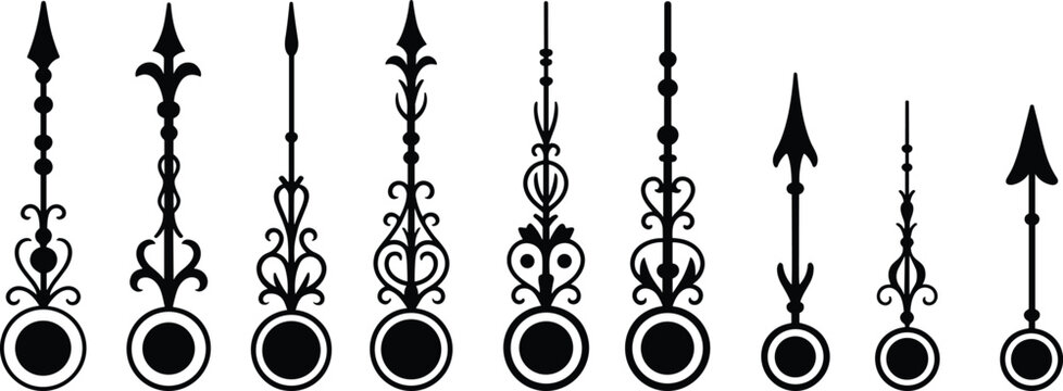 Ornamental arrow divider set, vintage decorative spear and tribal pointer symbols, black vector illustration isolated collection