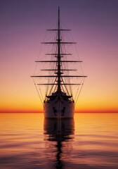 Graceful ship exterior, bathed in the warm, radiant glow of a stunning golden sunset, mirroring tranquil ocean waters, elegant, travel, ship