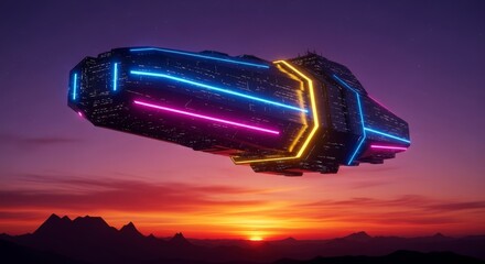 Naklejka premium A colossal neon-lit futuristic cargo vessel hovers majestically against a vibrant alien sunset, creating an epic sci-fi panorama, vessel, distant, dramatic