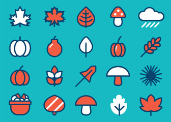 Fototapeta premium Twenty autumn icons with thick blue outlines and red-white coloring on a cyan background featuring pumpkins leaves and mushrooms in a grid.