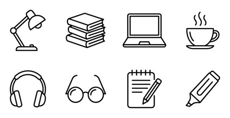 Workplace stuff office desk stuff work and study supplies flat line art icon symbol set © GoDesigner