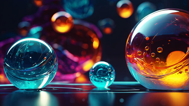 abstract brightly vibrant colored background translucent 3D glass-like spheres reflective surfaces glowing swirling blue purple shimmering particles hd high quality horizontal backdrop wallpaper
