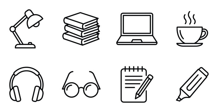 Workplace stuff office desk stuff work and study supplies flat line art icon symbol set