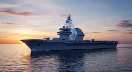 Obraz premium A cutting-edge naval carrier with a sleek, transparent command tower on its deck, sailing on calm ocean waters at sunrise, reflection, structure, water