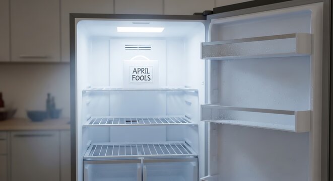 Open empty refrigerator with April Fools food prank note inside modern kitchen minimalist clean white interior