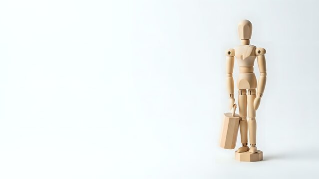 Wooden artist mannequin figure standing on white background isolated for creative design projects and artistic reference materials.