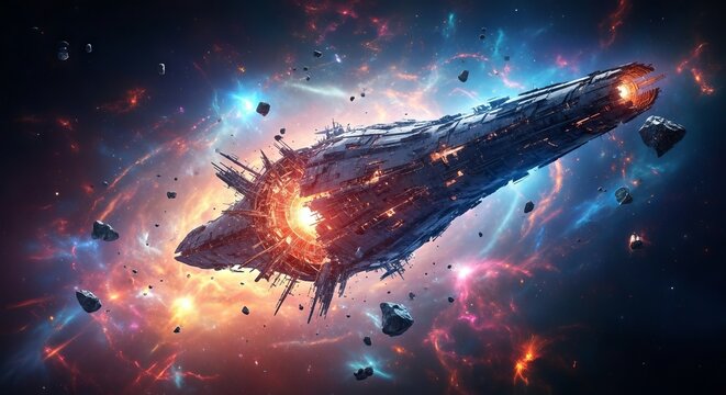 A colossal interstellar vessel adrift amidst cosmic maelstrom, succumbing to the universe's dramatic final moments and chaotic destruction, destruction, futuristic, gigantic