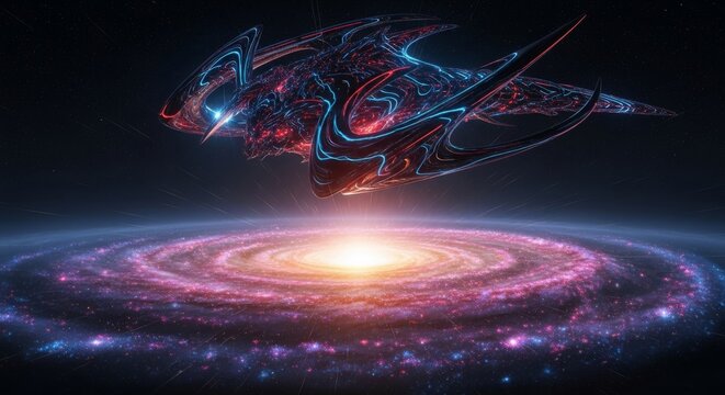 An immense, otherworldly war machine drifts silently above a rapidly imploding spiral galaxy, an epic cosmic destruction scene, black hole, hovering, destruction