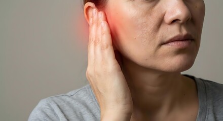 Fototapeta premium Middle-aged Caucasian woman touching ear experiencing pain or hearing problems, healthcare and medical concept for auditory issues or infection.