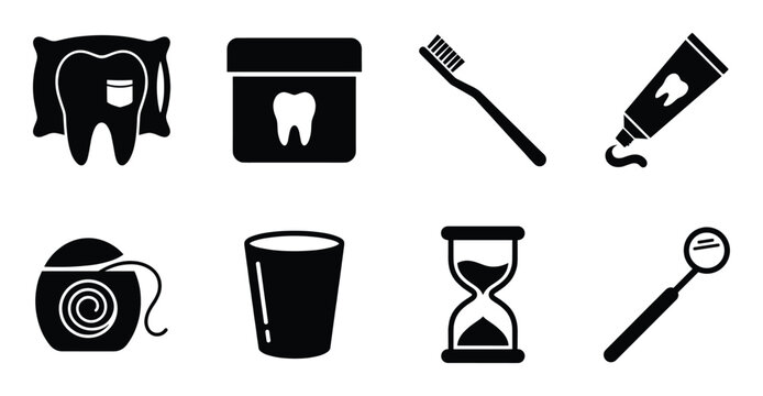 Dental hygiene and care elements vector illustration set with tooth, floss, toothpaste and other things