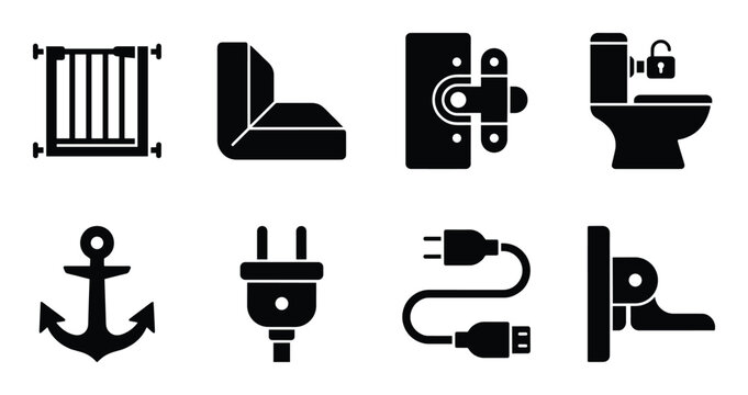 Household items vector illustration gate armchair door hinge toilet plug anchor electric usb
