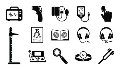Fototapeta premium Medical equipment icons relating to medicine health care and diagnostics in black and white