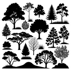 Fototapeta premium A modern set of black silhouettes featuring various trees and shrubs
