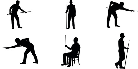 Billiards and Pool Player Silhouettes Vector Set, Cue Sport Action Poses. © Pixel Corner