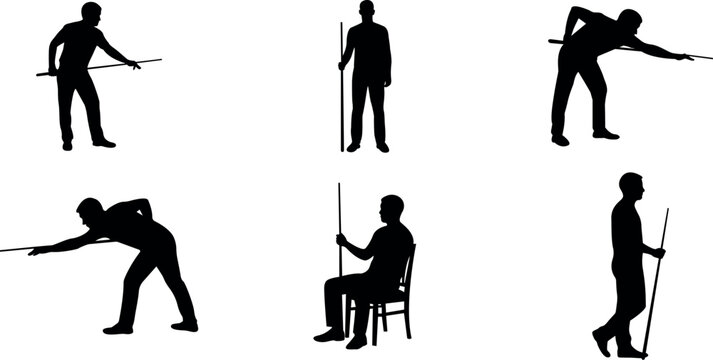 Billiards and Pool Player Silhouettes Vector Set, Cue Sport Action Poses.