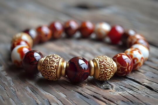 Elegant beaded bracelet with red agate stones and ornate gold metal accents on rustic wooden surface for jewelry and fashion accessories.