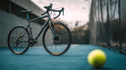 Elevated perspective showcasing a road bike with tennis ball on blue court