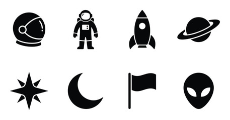 Space exploration equipment icons such as astronaut spaceship helmet planet star flag and alien © GoDesigner