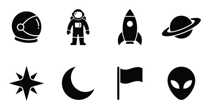 Space exploration equipment icons such as astronaut spaceship helmet planet star flag and alien