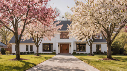 Obraz premium Modern White House Exterior with Cherry Blossom Trees in Bloom - Spring Scenery
