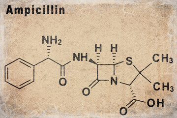 Ampicillin, antibiotic drug, Structural chemical formula