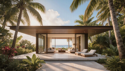Tropical Villa Retreat: Luxury Modern Home with Ocean View and Palm Trees