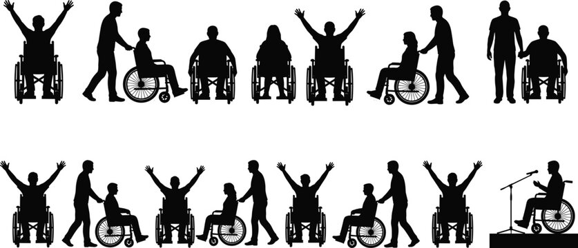 Wheelchair user silhouettes with caregivers and assistants, isolated black figures representing disability support, accessibility, inclusion, independence, rehabilitation and human care