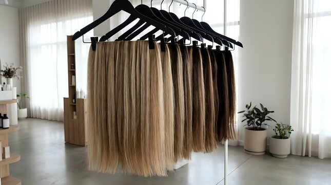 Professional hair extensions in various blonde shades hanging on display rack in modern salon interior for beauty and hairstyling services.