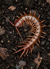 Fototapeta premium Brown centipede crawling on dark soil surface with organic debris in natural garden environment for educational and nature documentation purposes.