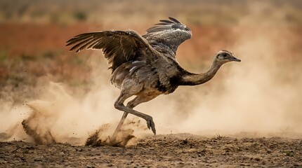 Fototapeta premium Large gray crane bird running with wings spread on dusty ground creating dramatic dust cloud in natural wildlife habitat during takeoff motion.