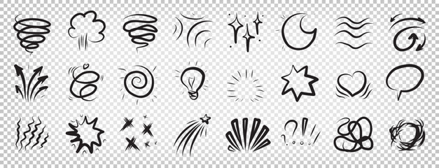 Fototapeta premium Hand drawn comic effect manga elements set on transparent background as png. Cartoon doodle anime icons with arrows, bubbles, sparks, lightning hearts motion. Vector sketch for expressive emoji speech