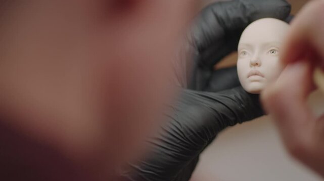 Closeup of artist using fine brush to paint silicone doll head while wearing gloves, showing delicate detailing process in doll creation
