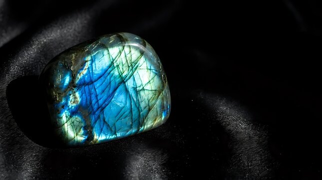Polished labradorite gemstone displaying brilliant blue and green flash colors against dark fabric background for jewelry and mineral collection designs.
