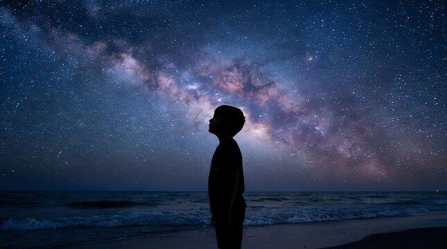 Person silhouette gazing at spectacular Milky Way galaxy over ocean at night. Stargazing astronomy concept with cosmic wonder and peaceful solitude by seashore.