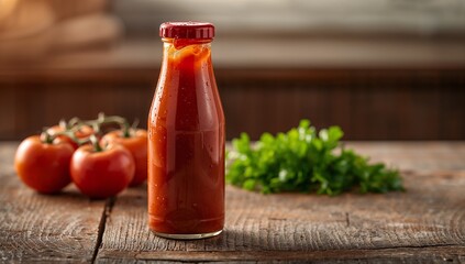 Glass bottle of tomato sauce on rustic wooden table