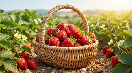 Fresh strawberries in a wicker basket on a sunny farm field 
