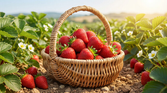 Fresh strawberries in a wicker basket on a sunny farm field  
