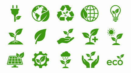 Set of green eco-friendly icons for sustainable living and environmental conservation
