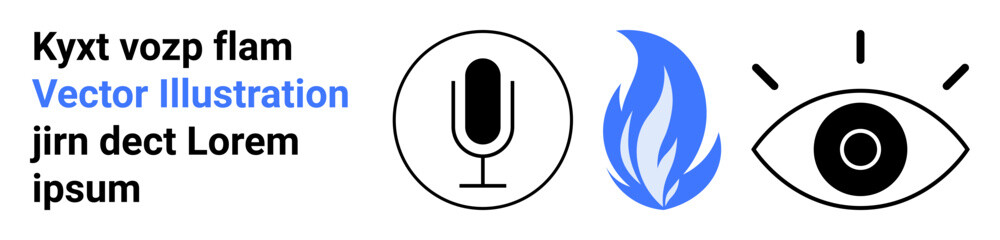 Obraz premium Communication, creativity, energy, vision, ideas, symbols. Black microphone, blue flame and eye icon on a white background. Communication and creativity concepts visually
