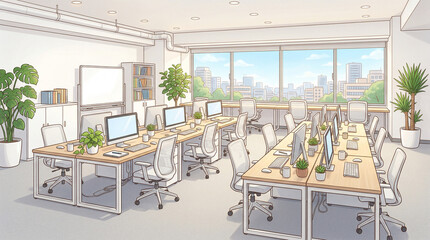 明るい雰囲気のオフィスのイラスト　生成AI素材