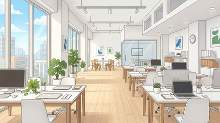 明るい雰囲気のオフィスのイラスト　生成AI素材