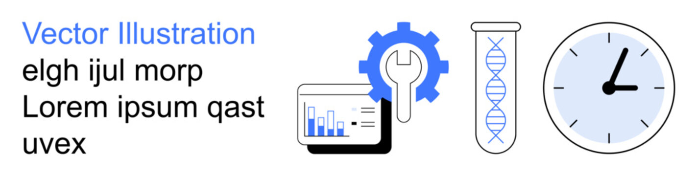 Data analysis, genetic research, science tools, productivity, time management, technical processes. Gear, DNA strand chart clock. Data analysis and genetic research visualization