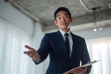 Fototapeta premium A young Asian businessman in a suit presenting with a clipboard in a modern office space.