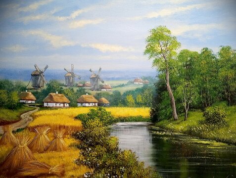 An idyllic summer scene depicting traditional Ukrainian architecture. White mud huts with straw roofs are surrounded by tall green trees and wildflowers, situated next to a small winding river reflect