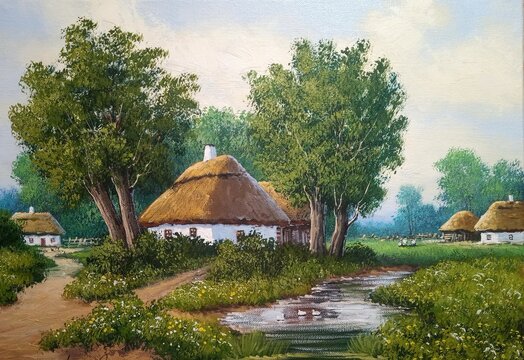 Traditional Ukrainian village landscape with old white cottages, thatched roofs, and a river at sunset, oil painting style. Paintings landscape, fine art