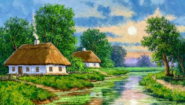 Traditional Ukrainian village by the river at sunset, old white cottages with thatched roofs, picturesque summer landscape, folk architecture. Paintings landscape, fine art 