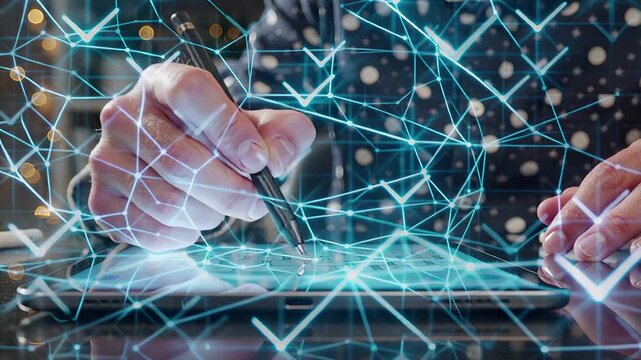 stylus interaction creates glowing checkmarks on tablet screen | technology, business, agreement, digitalization, innovation theme