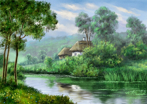 Traditional Ukrainian village landscape with a thatched roof cottage by the river. Paintings landscape, fine art